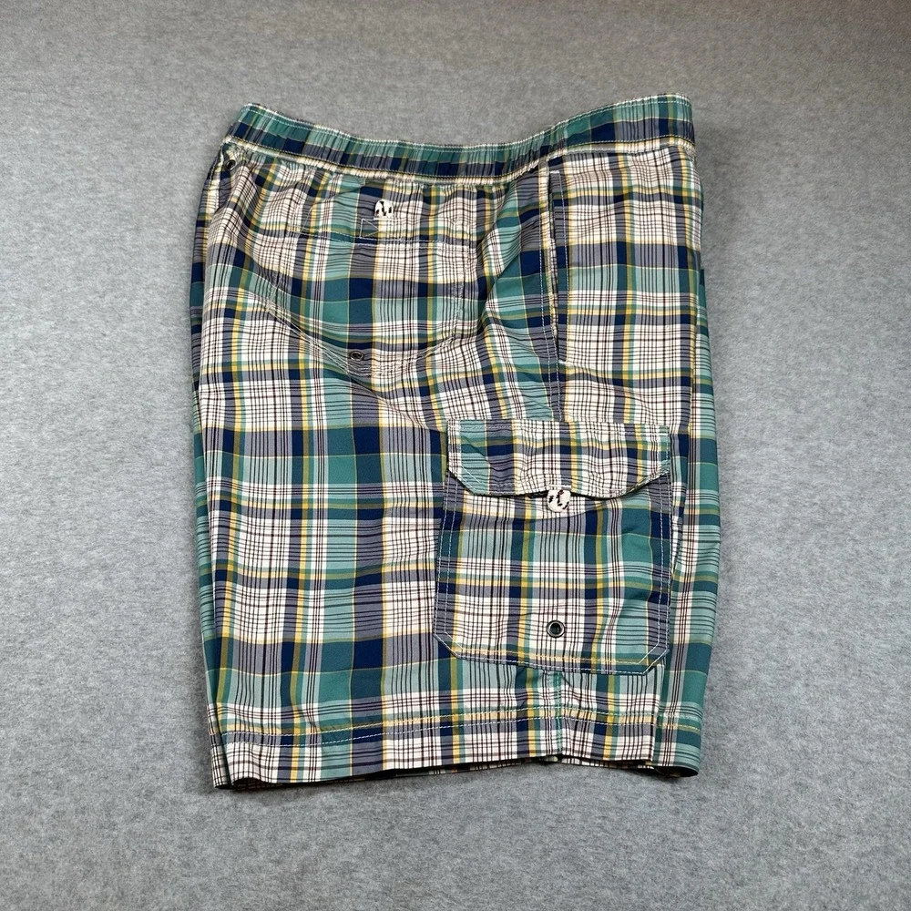 Lands End Swim Trunks Mens L Green Plaid Cargo Pockets Lined 8.5 in Inseam Board